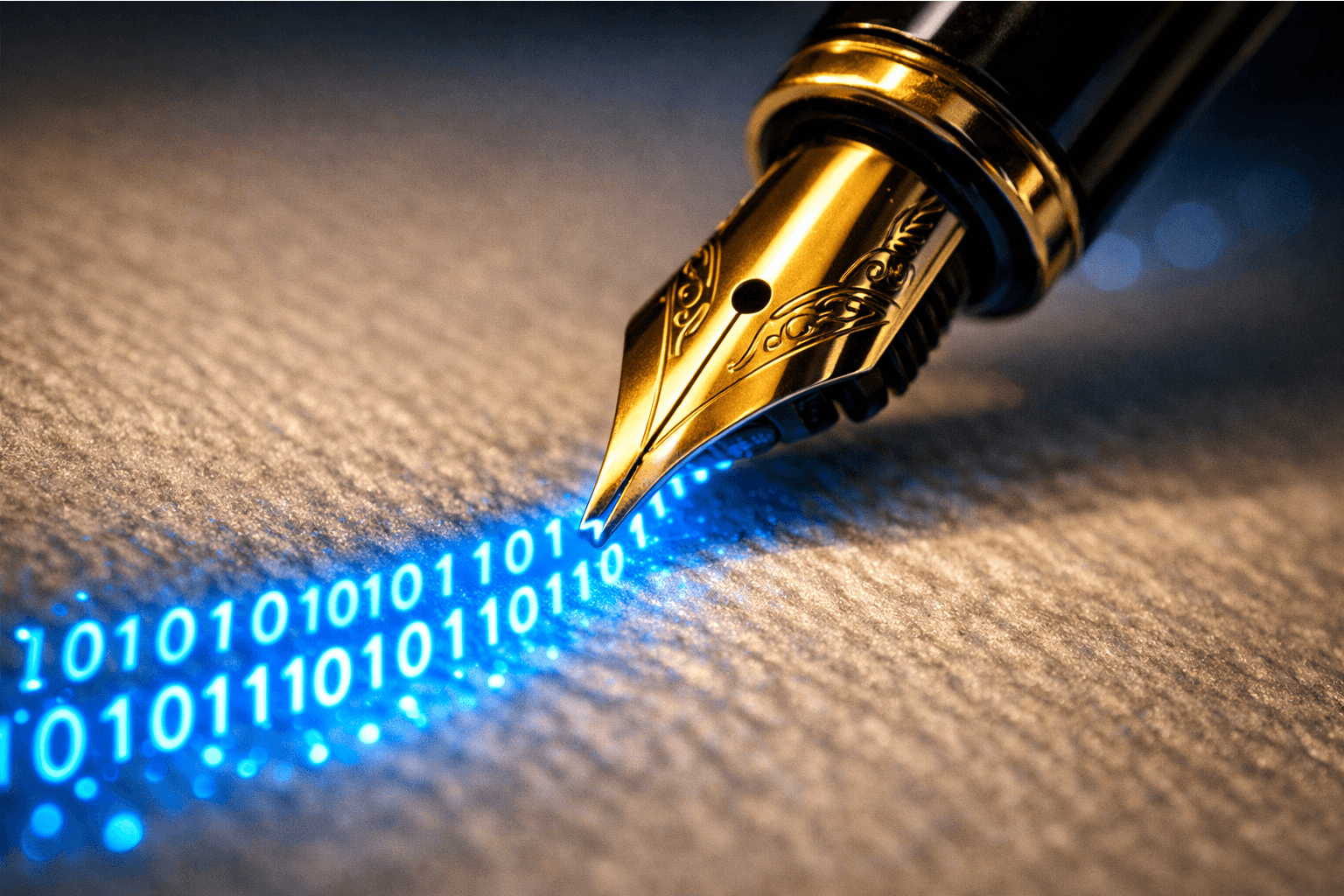 Fountain pen writing digital code symbolizing hybrid AI copywriting services