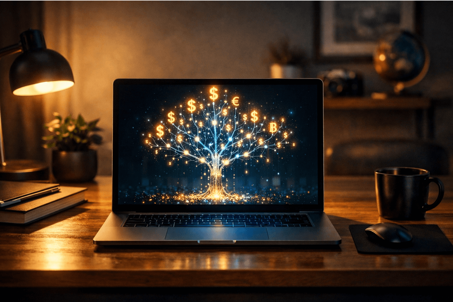 Laptop displaying growing revenue charts representing profitable AI side hustles in a home office setting