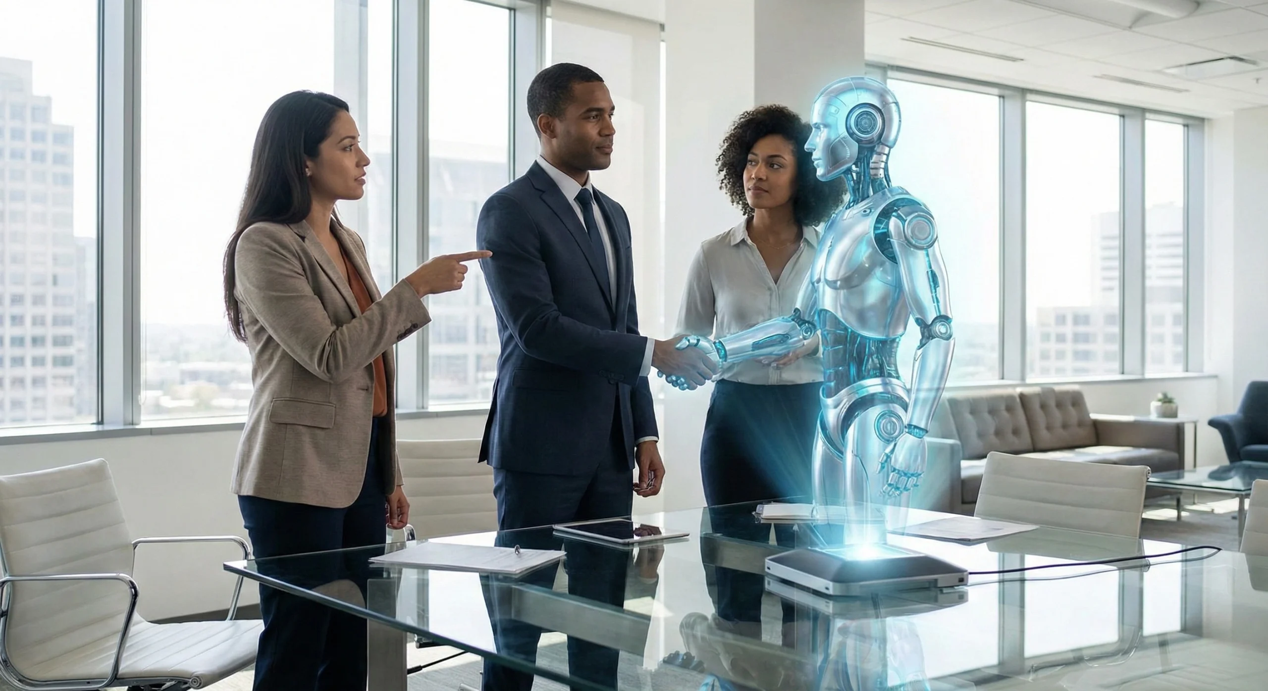 Robot shaking hands with a human representing AI consulting for beginners and businesses