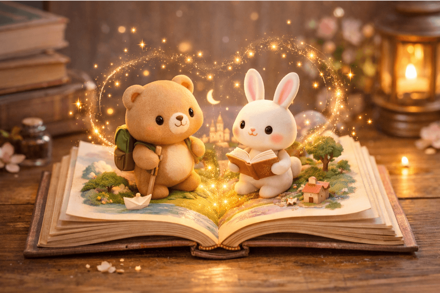 Open children's book with magical characters illustrating how to create children's books with AI